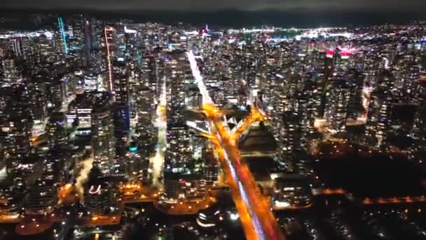 Prachtige Luchtfoto Time Lapse Het Centrum Van Vancouver Nachts Brits — Stockvideo