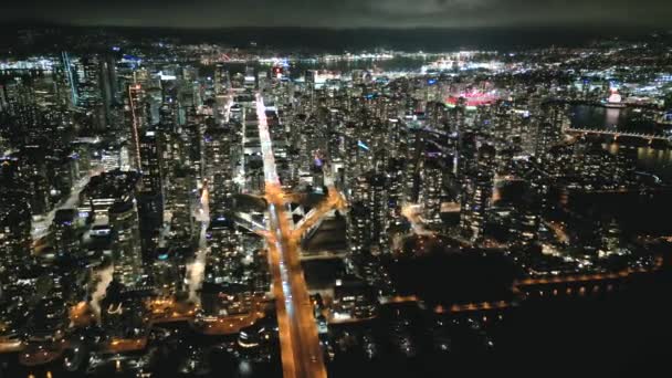 Fantastisk Flygutsikt Över Centrum Vancouver Natten British Columbia Kanada Inspelning — Stockvideo