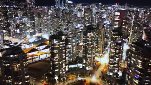 Impresionante Lapso Tiempo Aéreo Centro Vancouver Por Noche Columbia Británica — Vídeos de Stock