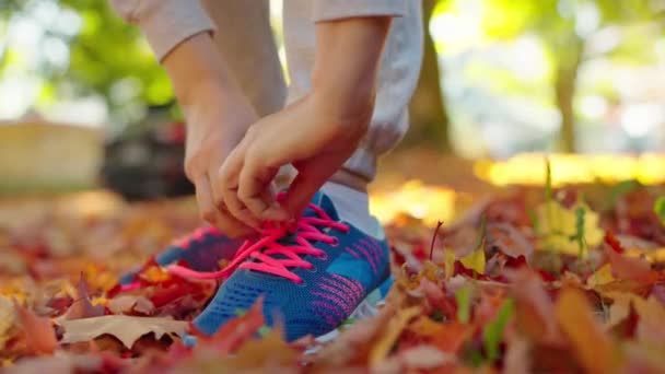 Vrouw Veters Strikken Tijdens Het Joggen Lopen Bij Zonsondergang Herfst — Stockvideo