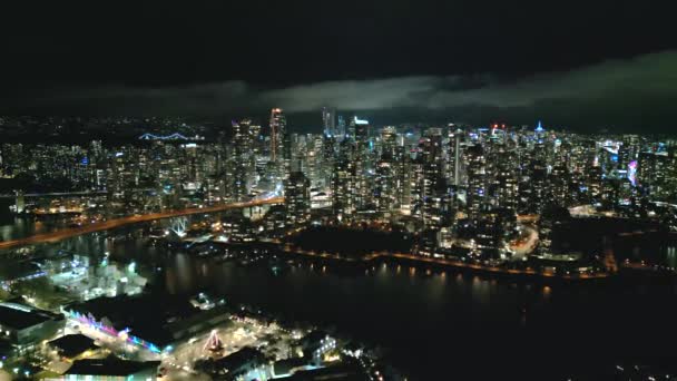 Prachtig Uitzicht Vanuit Lucht Het Centrum Van Vancouver Nachts Brits — Stockvideo