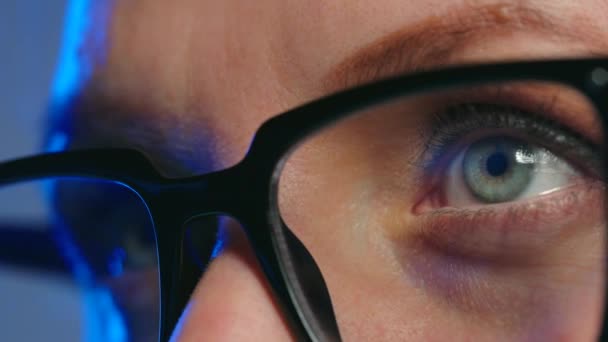 Woman Glasses Looking Monitor Working Data Analytics Monitor Screen Reflected Stock Video
