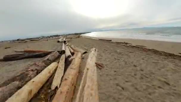 Fpv无人机沿着海岸低空飞行 小海浪冲刷着海滩 加拿大不列颠哥伦比亚省温哥华 — 图库视频影像