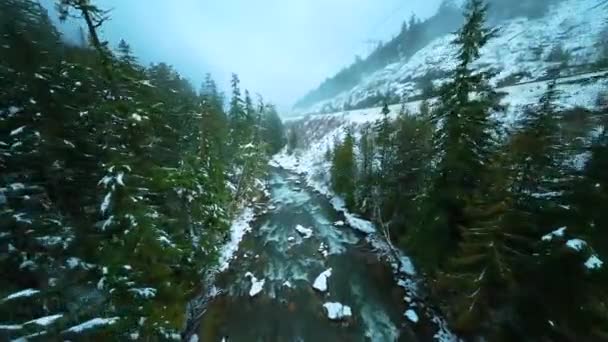 Fpv Drone Flight Fast Moving River Rapids Close Water Winter Stock Video