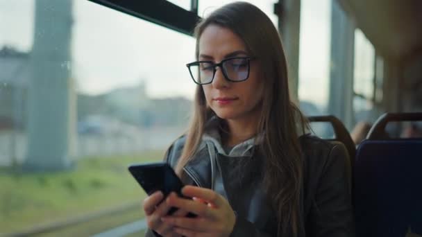 Public Transport Woman Tram Using Smartphone Chatting Texting Friends City — Videoclip de stoc