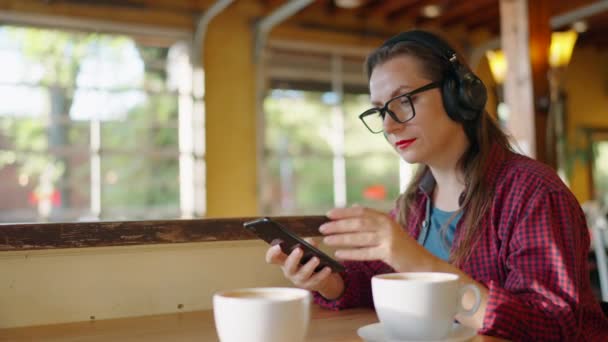 Woman Headphones Listening Music Audio Streaming Dancing Singing Drinking Coffee Royalty Free Stock Footage