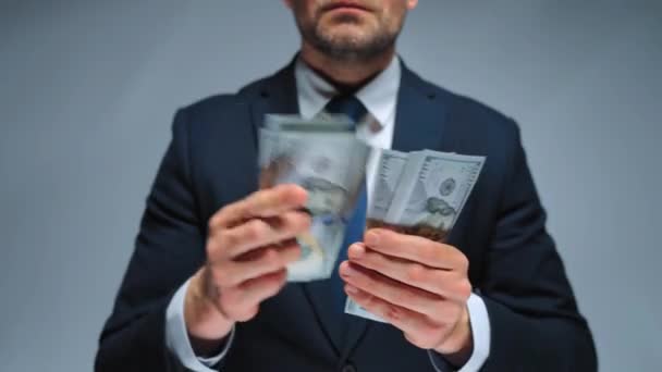 Formally Dressed Man Counting Dollar Bills Close Concept Investment Success — Stock Video