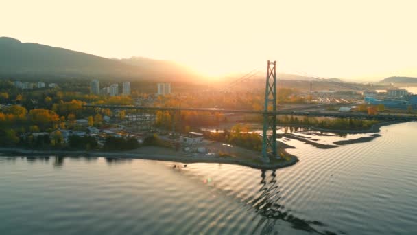 Aerial View Lions Gate Bridge Vancouver Harbour West Vancouver Dawn Royalty Free Stock Footage