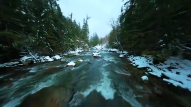 FPV insansız hava aracı kışın suya yakın, hızlı akan nehirde akıntıyla uçuyor. Etrafı çam ormanlarıyla çevrili. Whistler, British Columbia, Kanada yakınlarında çekilmiş..