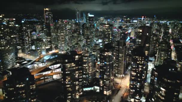Потрясающий Вид Воздуха Центр Ванкувера Ночью Британская Колумбия Канада Лицензионные Стоковые Видео