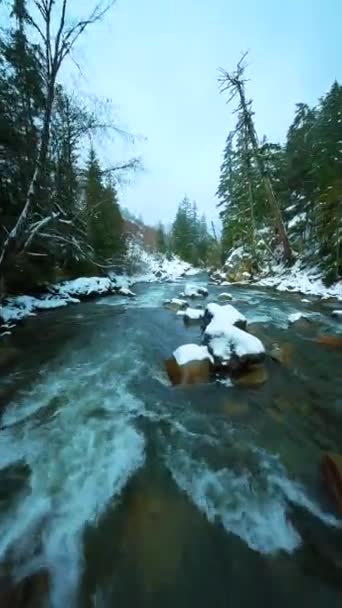 Lot Dronem Fpv Nad Szybko Poruszającą Się Rzeką Rzeką Zimie — Wideo stockowe