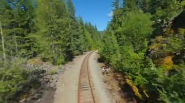 FPV insansız hava aracı demiryolu üzerinde hızla ilerliyor. Demiryolunun her iki tarafını da çevreleyen ağaçlar. Seyahat konsepti. British Columbia, Kanada