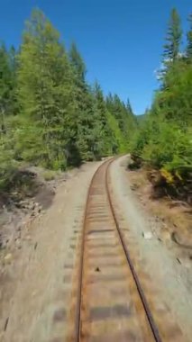 FPV insansız hava aracı demiryolu üzerinde hızla ilerliyor. Demiryolunun her iki tarafını da çevreleyen ağaçlar. Seyahat konsepti. Dikey video. British Columbia, Kanada