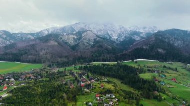 Baharda güzel dağ manzarasının nefes kesici hava manzarası. Orman ve kayalar. Yeşil çimenler ve karlı tepeler. Zakopane, Tatra dağları, Polonya