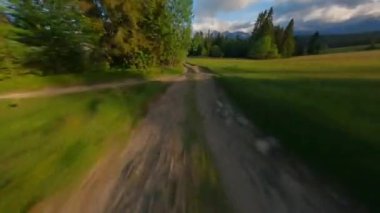 Tantra dağlarındaki yol boyunca nefes kesen çevik uçuş. Orman, çayırlar ve yeşil çimenler. Lapszanka, Tatra dağları, Polonya. FPV Drone 'da çekiliyor