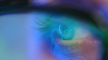 Gözlüklü kadın monitöre bakıyor ve veri ve analizlerle çalışıyor. Monitör ekranı gözlüklere yansıyor. Aşırı yakın çekim.