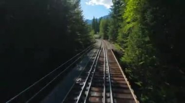 FPV insansız hava aracı demiryolu üzerinde hızla ilerliyor. Demiryolunun her iki tarafını da çevreleyen ağaçlar. Seyahat konsepti. British Columbia, Kanada