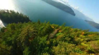Kanada 'da göz kamaştırıcı sonbahar manzarası. Harrison Gölü yakınlarındaki dağ yamaçlarındaki renkli ormanın havadan görünüşü, British Columbia. FPV insansız hava aracı tarafından çekildi.