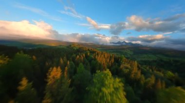 Tantra 'nın güzel dağlarının ve etrafındaki manzaranın nefes kesici manzarası. Orman, çayırlar ve yeşil çimenler. Lapszanka, Tatra dağları, Polonya. FPV Drone 'da çekiliyor