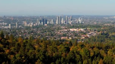 Burnaby City 'nin hava manzarası, şehir merkezindeki gökdelenler, banliyölerdeki yerleşim alanları. Vancouver, British Columbia, Kanada.