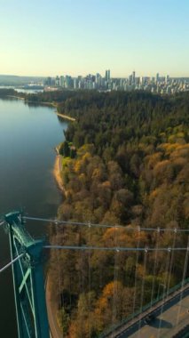 Şafakta Lions Gate Köprüsü ve Stanley Parkı 'nın havadan görüntüsü. Arka planda Vancouver şehir merkezi var. Britanya Kolombiyası Kanada. Dikey video. Hız rampası