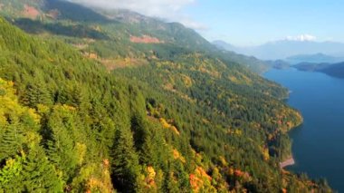 Kanada 'da göz kamaştırıcı sonbahar manzarası. Harrison Gölü üzerinde yumuşak uçuş. Dağ yamaçlarındaki renkli orman, İngiliz Kolombiyası.