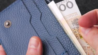 Mavi cüzdandan çıkartılan farklı banknotların Polonya zloti banknotları, para yönetimi ve finansal içgörü vurgulanıyor