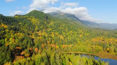 Kanada 'da göz kamaştırıcı sonbahar manzarası, British Columbia. Dağ yamaçlarındaki renkli ormanın ve bulutlu gökyüzünün havadan görünüşü. 