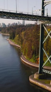 Şafakta Lions Gate Köprüsü ve Stanley Parkı 'nın havadan görüntüsü. Arka planda Vancouver şehir merkezi var. Britanya Kolombiyası Kanada. Video farklı hızda.