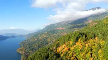 Kanada 'da göz kamaştırıcı sonbahar manzarası. Harrison Gölü üzerinde yumuşak uçuş. Dağ yamaçlarındaki renkli orman, İngiliz Kolombiyası.