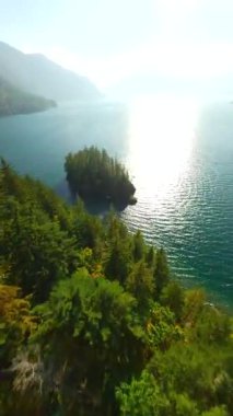 Kanada 'da göz kamaştırıcı sonbahar manzarası. Dağ yamaçlarındaki renkli ormanın havadan görünüşü ve Harrison Gölü, British Columbia. FPV insansız hava aracı tarafından çekildi.