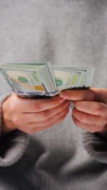 Amerikan Doları 'nı sayan bir kadın, yakın plan. Yatırım, başarı, finansal beklentiler veya kariyer gelişimi kavramı. Dikey video