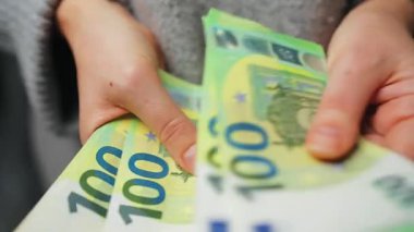 Avro banknotlarını sayan bir kadın, yakın plan. Yatırım, başarı, finansal beklentiler veya kariyer ilerlemesi kavramı.