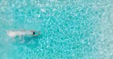 Top down view as a man dives into the pool and swims. Slow motion.