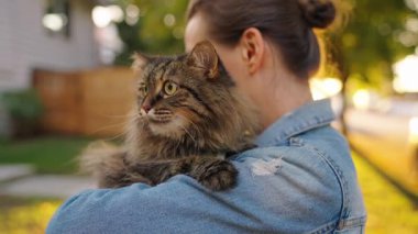 Dışarıda tekir kedisini kucaklayan güzel bir kadın. Kedi miyavlamaları