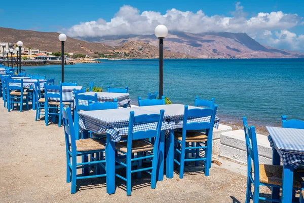 Blue Tables Chairs Traditional Greek Taverna Sea Coast Kissamos Crete — Stock Photo, Image