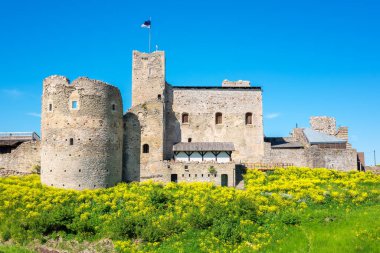 Rakvere 'deki ortaçağ şatosunun duvarlarına ve kulelerine bakın. Estonya, Baltık Devletleri