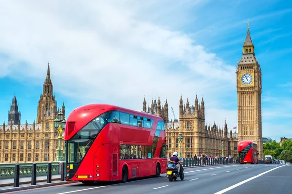Red Double Decker Buses Pass Big Ben Houses Parliament Westminster — Stok fotoğraf