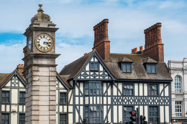 Victorian Clock Tower Next Half Timbered Buildings Clapham District London — Stock Photo, Image