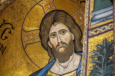 Monreale, Sicilya, İtalya - 13 Kasım 2018: Monreale Katedrali'ndeki Christ Pantocrator mozaiği (Duomo di Monreale)