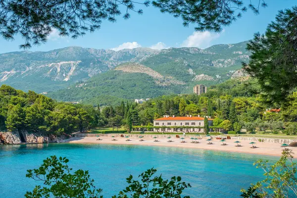 Vista Panorámica Playa Milocer King Las Montañas Riviera Adriática Montenegro Fotos De Stock