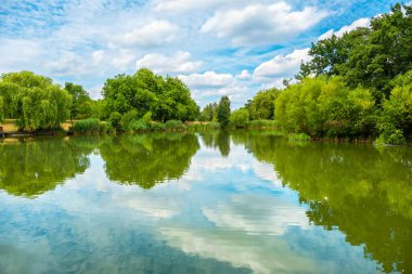 Clapham Parkı 'ndaki göl manzarası. Londra mı? İngiltere, İngiltere