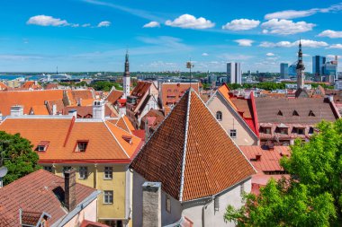 Eski şehir çatıları ve yeni gökdelenler. Tallinn, Estonya