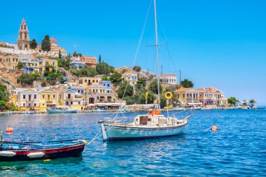View to harbor with boats in Symi Island. Greece