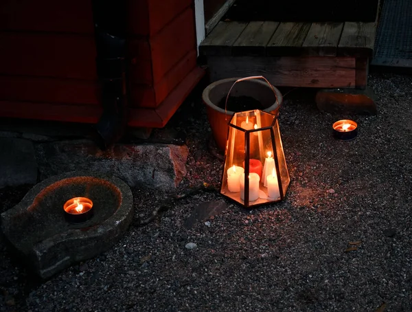 Outdoor Christmas Candles Doorstep Traditional Finnish House — Stock Photo, Image