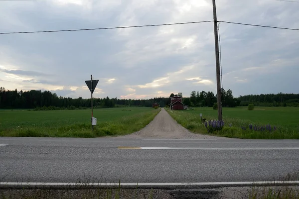 芬兰仲夏某个地方的土路和沥青路的交叉口 — 图库照片