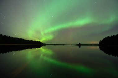 Görüntü, Kuzey Işıkları 'nı ya da Aurora Borealis' i, parlak yeşil ve ince ipuçları ile gece gökyüzünde dans ederek sakin bir göle yansıtır. Manzara, kıyı şeridi boyunca uzanan bir ormanın karanlık bir siluetini içeriyor.