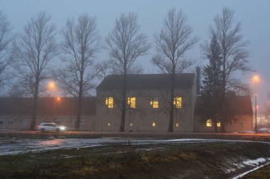 A foggy winter evening sets a mysterious and melancholic tone in this urban landscape. Bare trees line the street, their dark silhouettes contrasting against the softly glowing windows of a quiet building. Streetlights cast an orange glow through the clipart