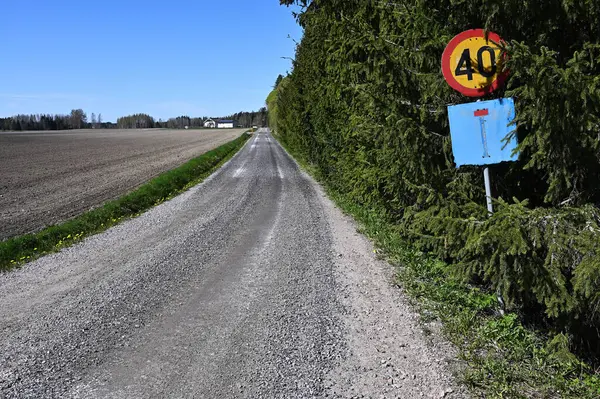 Yeni sürülmüş bir tarla ile kozalaklı ağaçlardan oluşan yoğun bir çizgi arasında uzanan sakin bir kırsal çakıl yolu, muhtemelen ladin. Yolun sağ tarafında, biri 40 hız limitini işaret eden iki tabela var ve diğeri ise yıpranmış mavi bir ölü.-