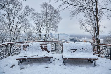 kar ile doldurulmuş kış city Park banklar